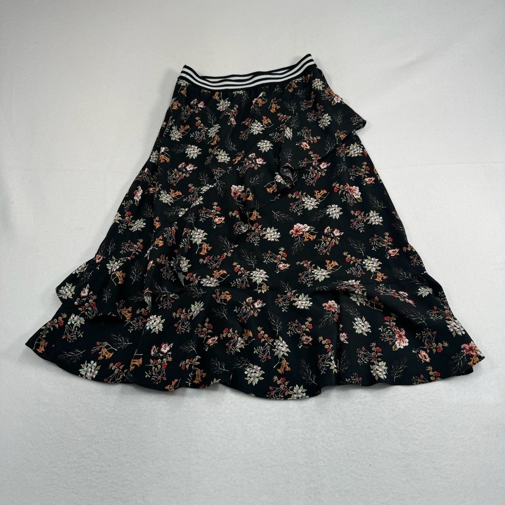 Rococo Pull On Floral Layered Midi Skirt Womens Size Large Black
